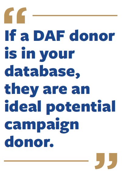 Pullquote from the Fundraisers Guide to DAF Grants. It reads, "If a DAF donor is in your database, they are an ideal potential campaign donor."