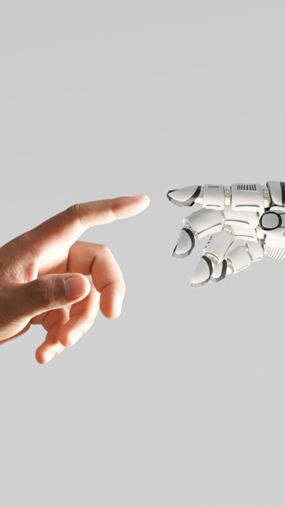 Image of a human hand and robot hand, akin to Michaelangelo's "The Creation of Adam", reaching out to touch. Image in the Winkler Group's "Trends that Will Impact Fundraising in 2024" article.